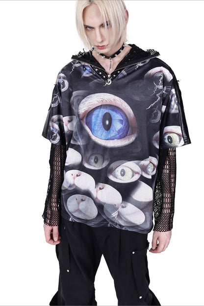 Cat Eye Patchwork Rivet V-Neck T-shirt