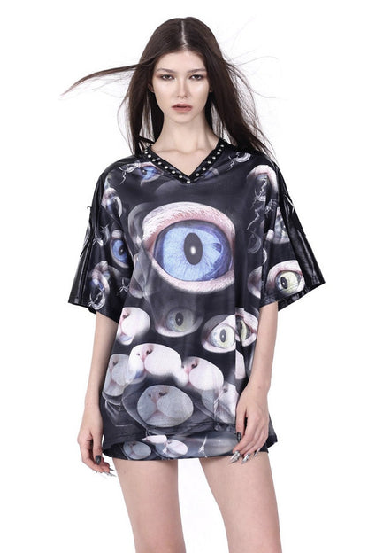 Cat Eye Patchwork Rivet V-Neck T-shirt