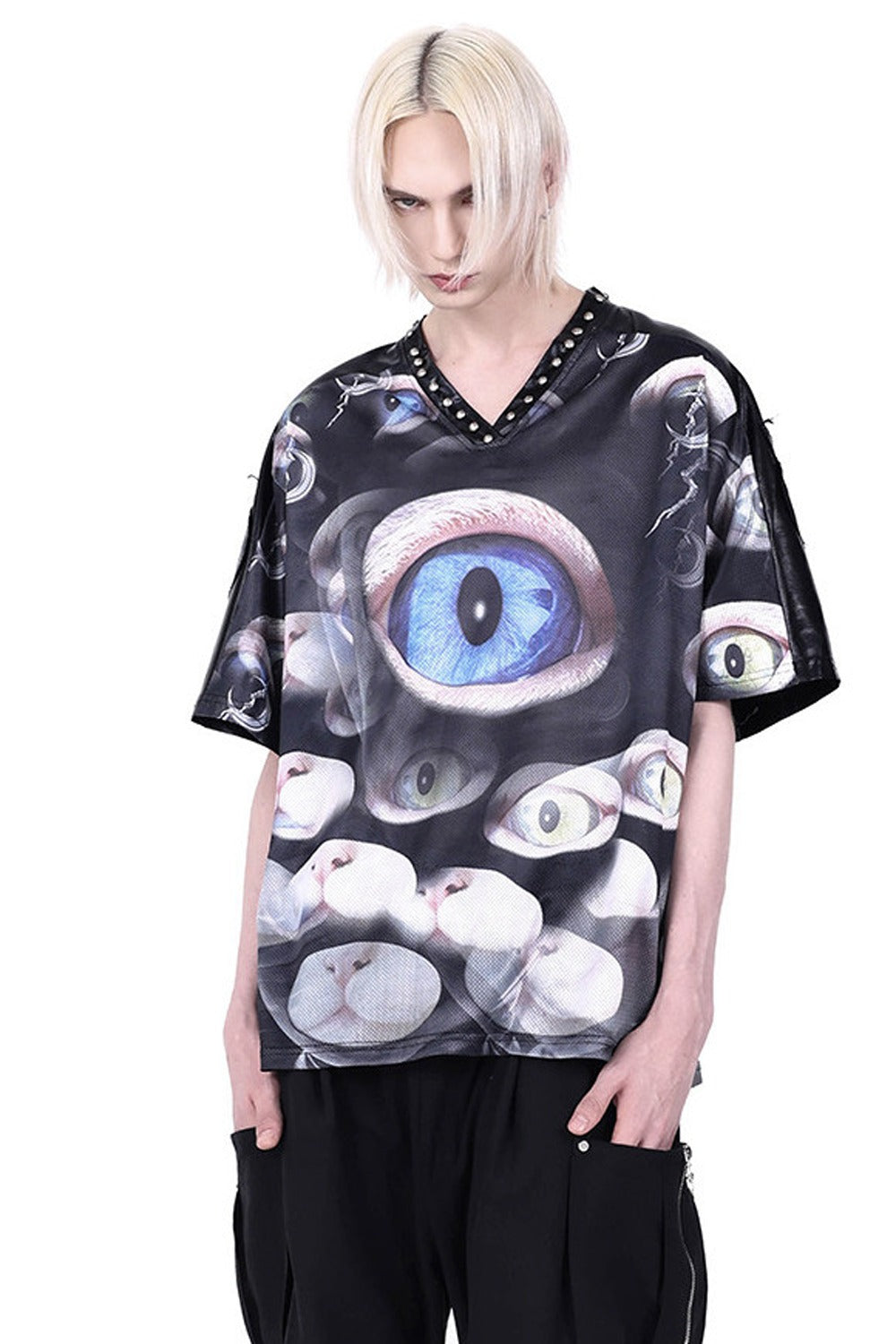 Cat Eye Patchwork Rivet V-Neck T-shirt