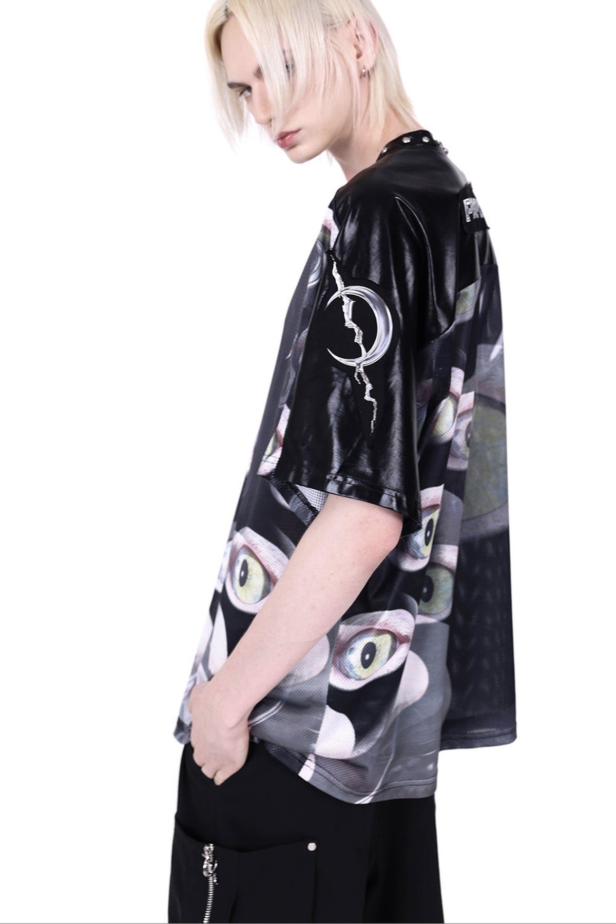 Cat Eye Patchwork Rivet V-Neck T-shirt