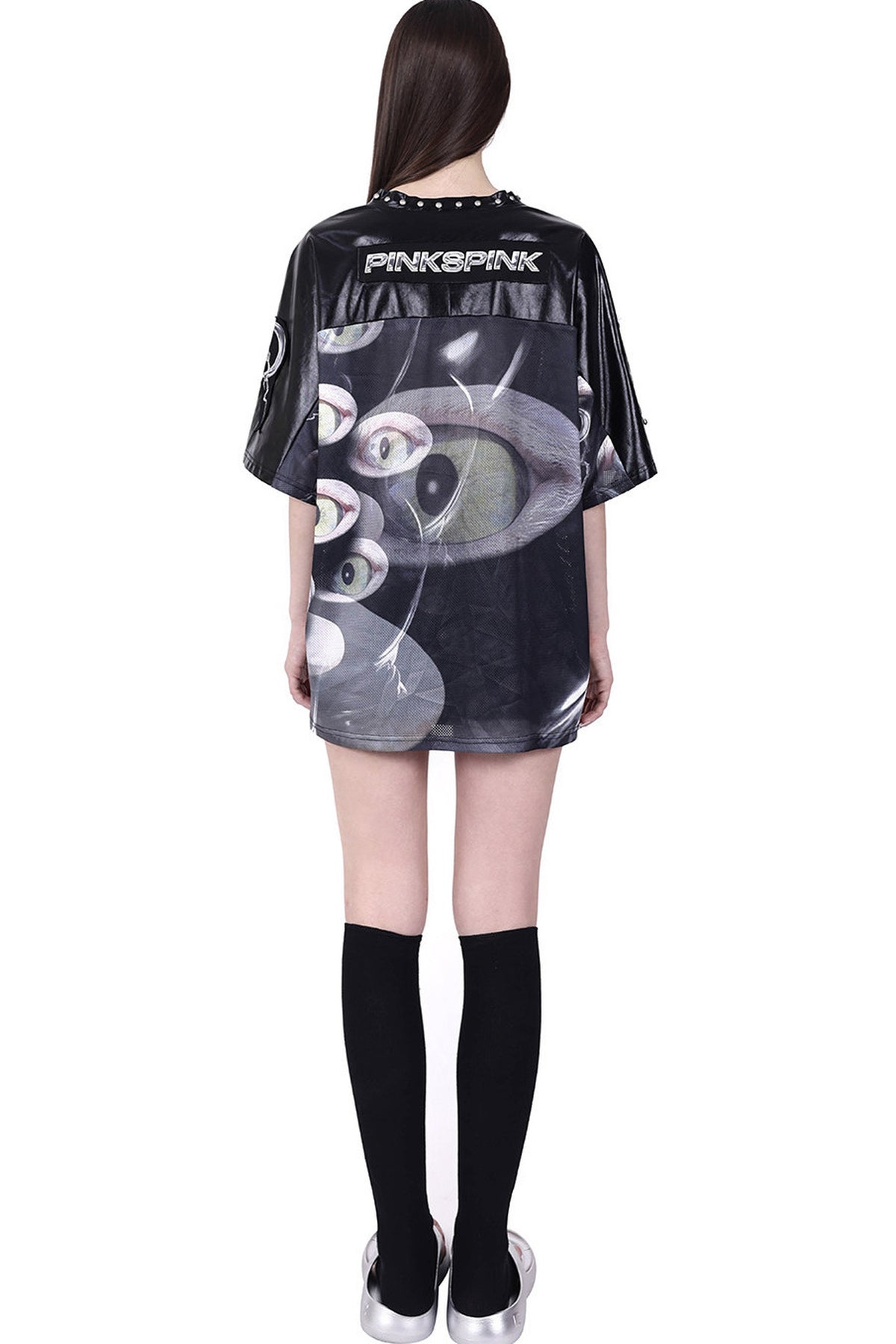 Cat Eye Patchwork Rivet V-Neck T-shirt
