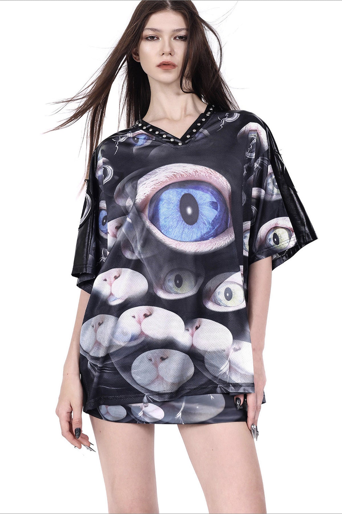 Cat Eye Patchwork Rivet V-Neck T-shirt