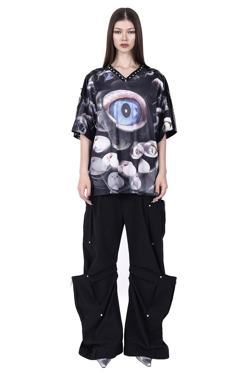 Cat Eye Patchwork Rivet V-Neck T-shirt