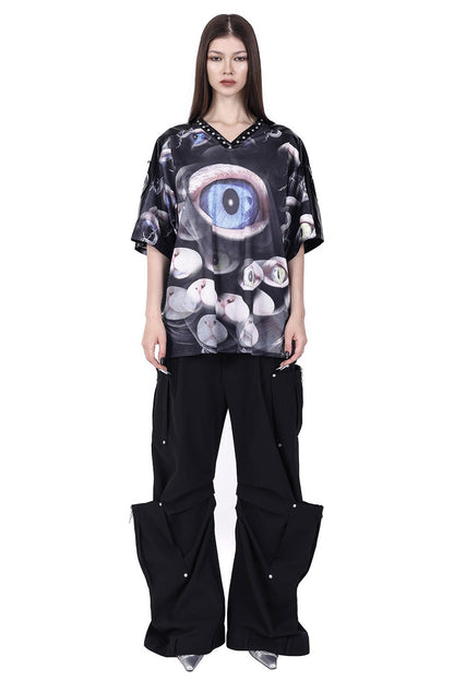 Cat Eye Patchwork Rivet V-Neck T-shirt