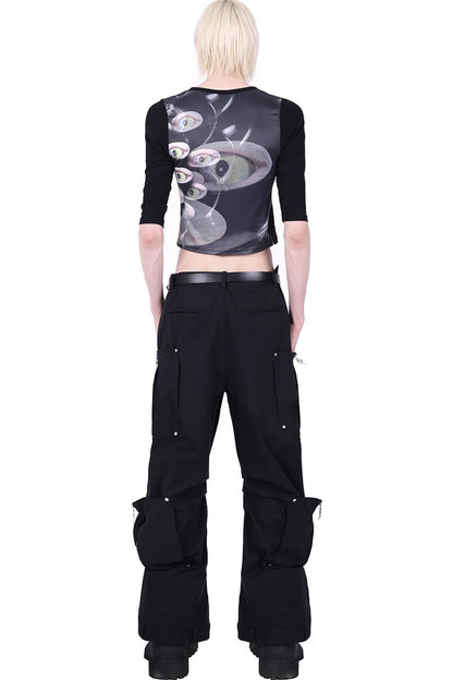 Structured Pocket Flared Waist Adjustable Pants