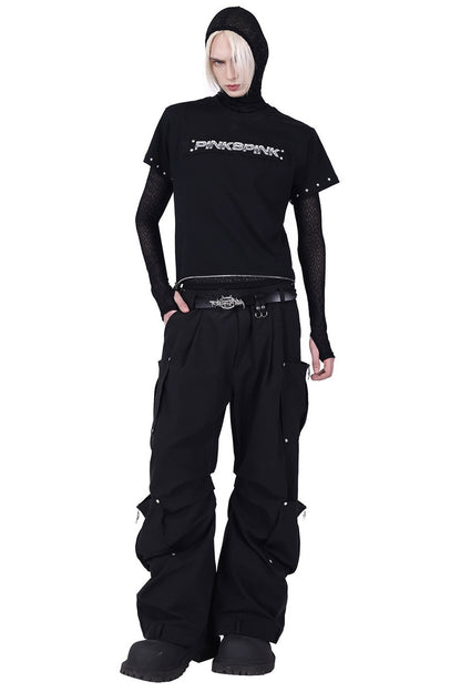 Structured Pocket Flared Waist Adjustable Pants
