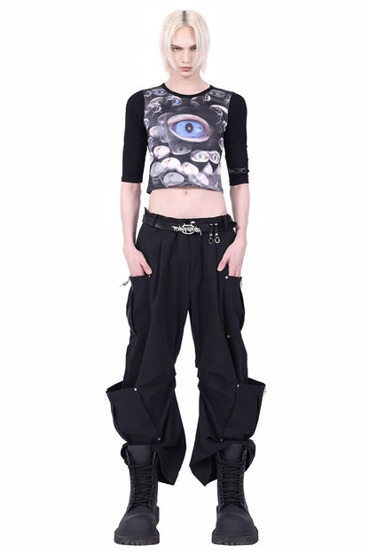 Structured Pocket Flared Waist Adjustable Pants