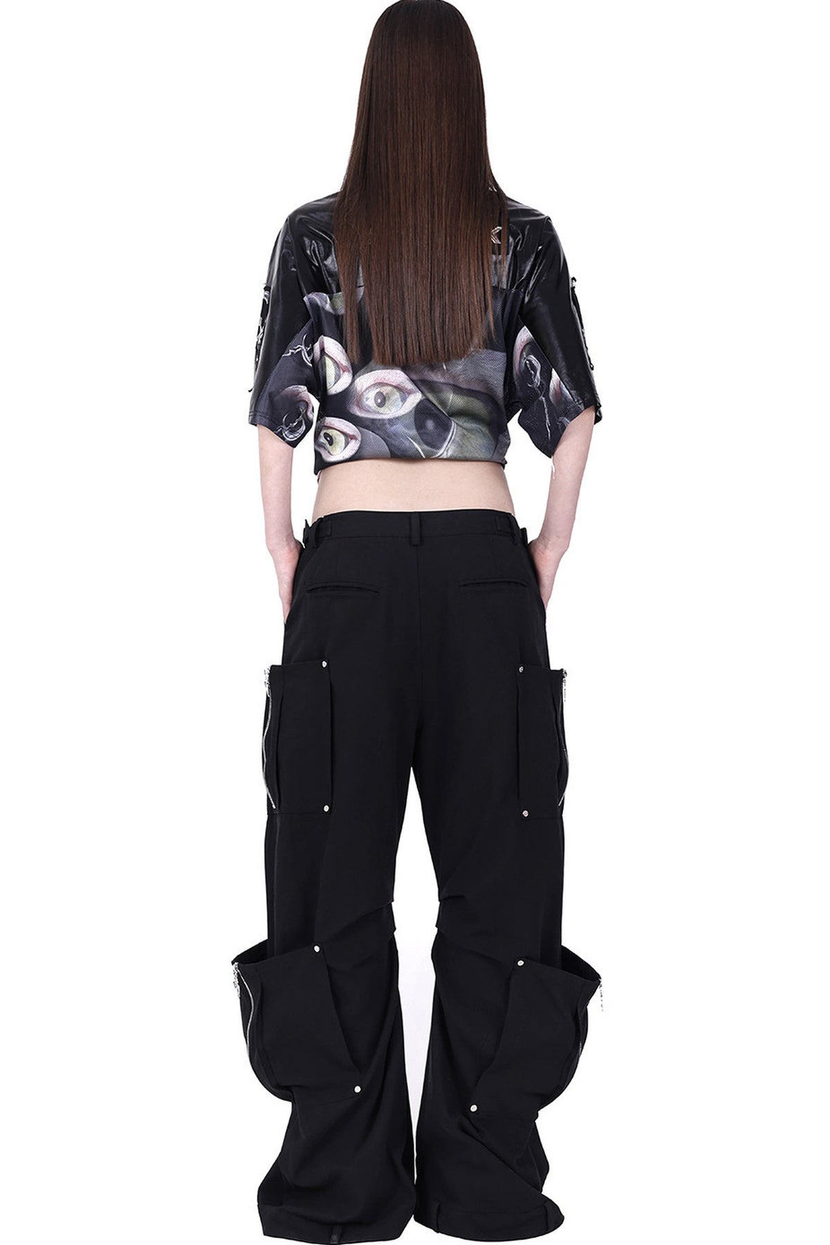 Structured Pocket Flared Waist Adjustable Pants