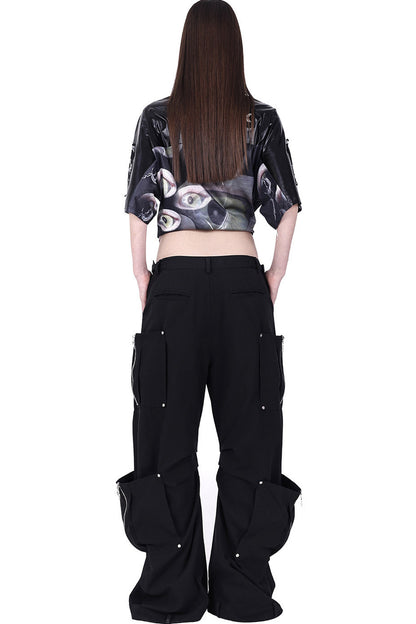 Structured Pocket Flared Waist Adjustable Pants