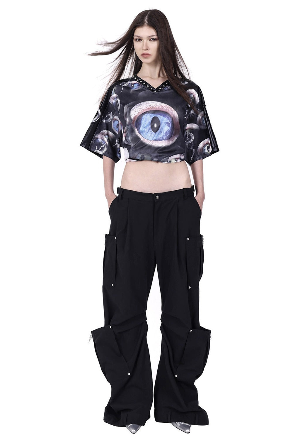 Structured Pocket Flared Waist Adjustable Pants
