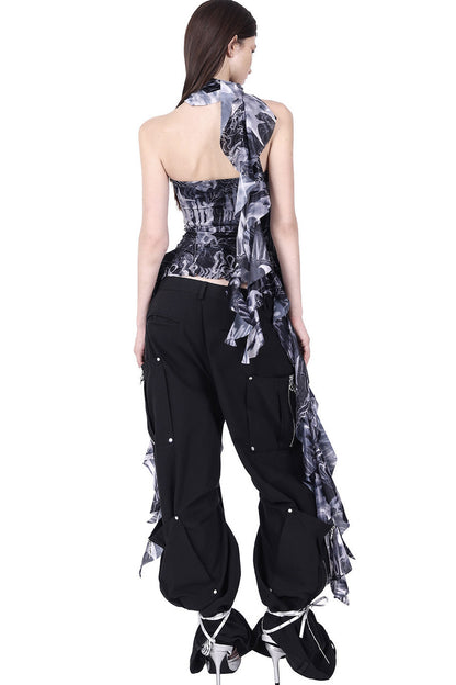 Structured Pocket Flared Waist Adjustable Pants