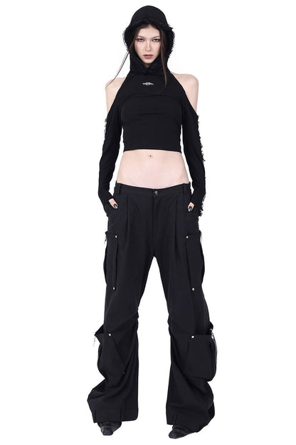 Structured Pocket Flared Waist Adjustable Pants
