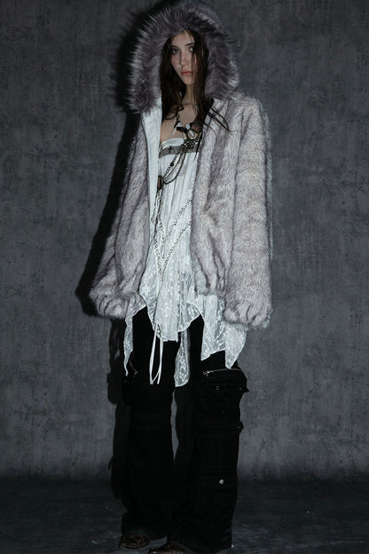 Reversible Hooded Faux Fur Coat