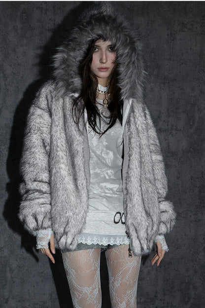 Reversible Hooded Faux Fur Coat