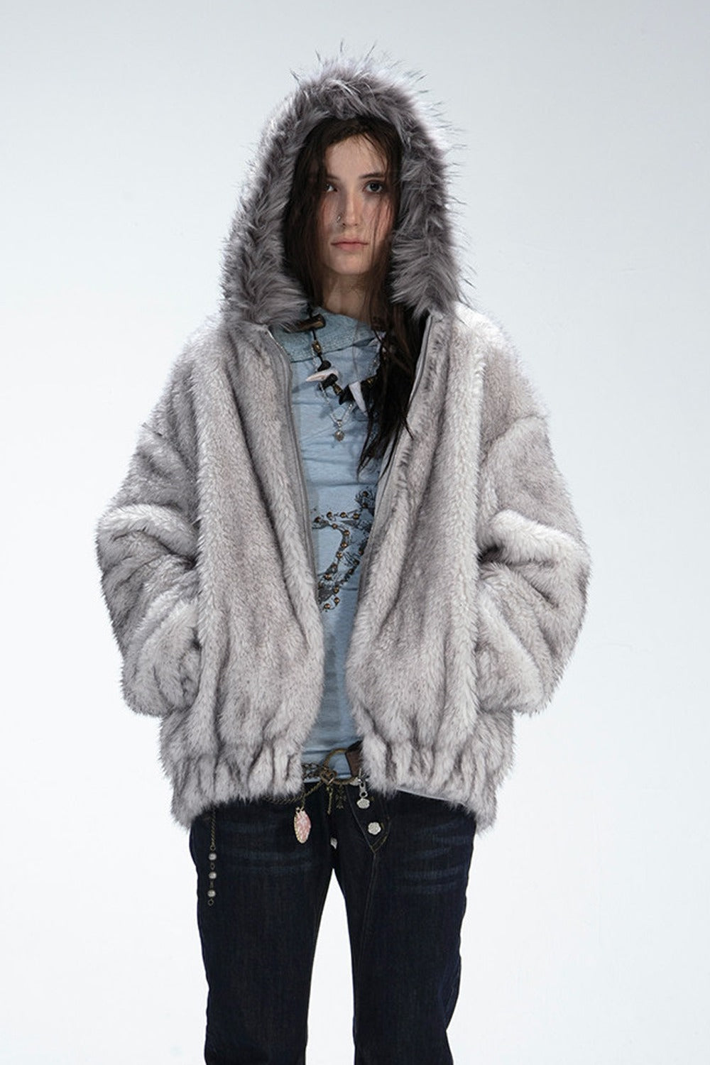 Reversible Hooded Faux Fur Coat