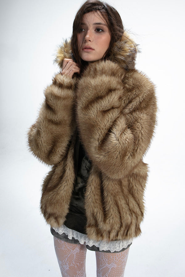 Reversible Hooded Faux Fur Coat
