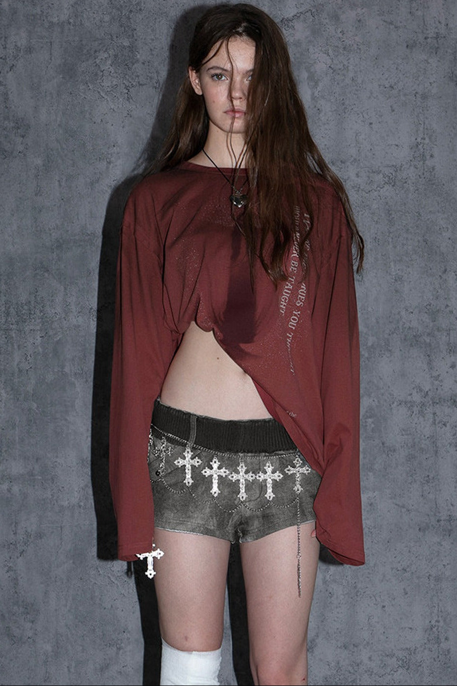 Distressed Print Long-Sleeve Blouse