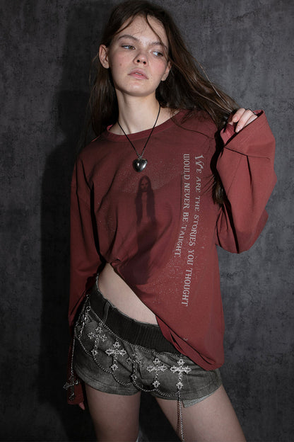 Distressed Print Long-Sleeve Blouse
