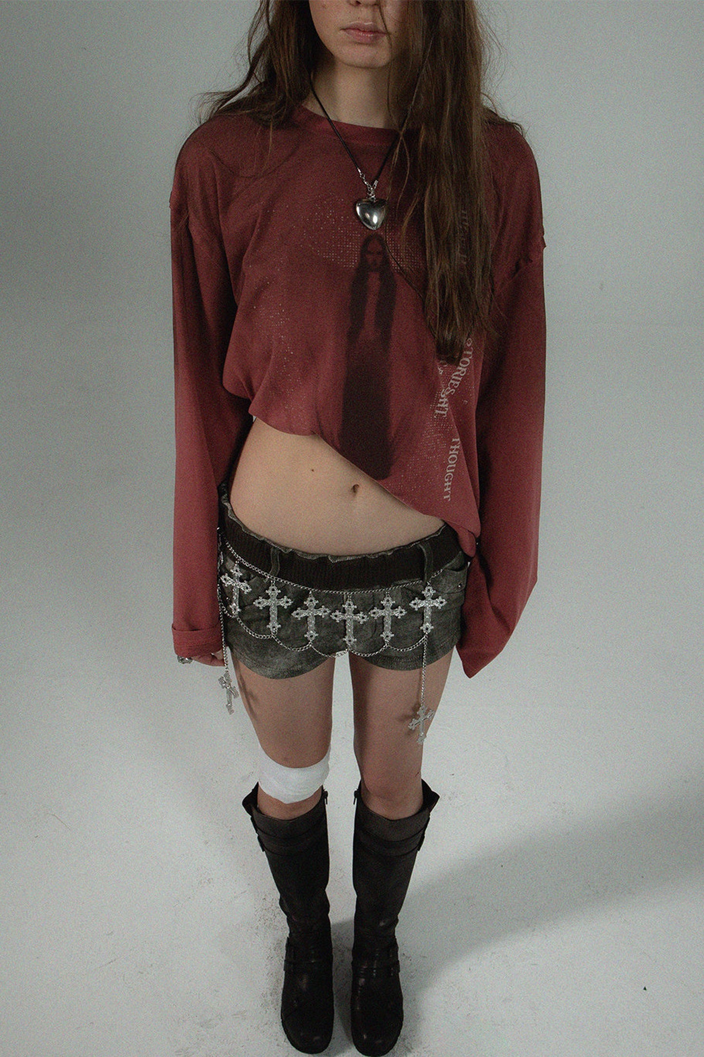Distressed Print Long-Sleeve Blouse