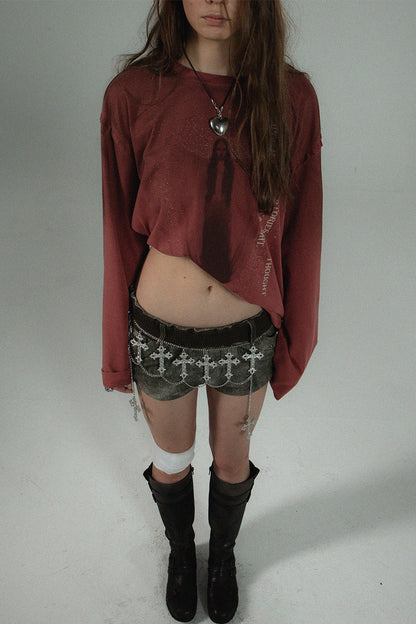 Distressed Print Long-Sleeve Blouse
