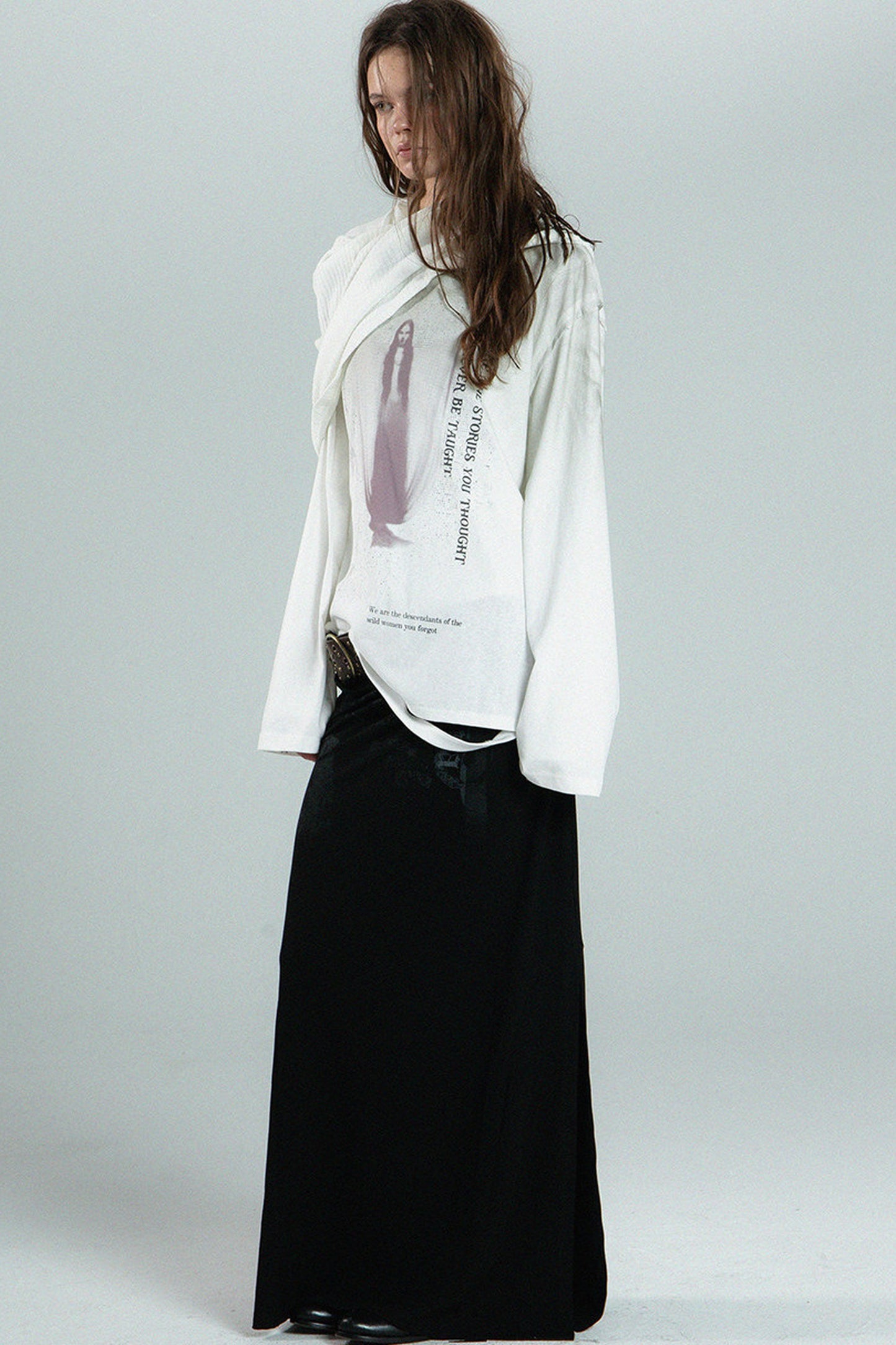 Distressed Print Long-Sleeve Blouse