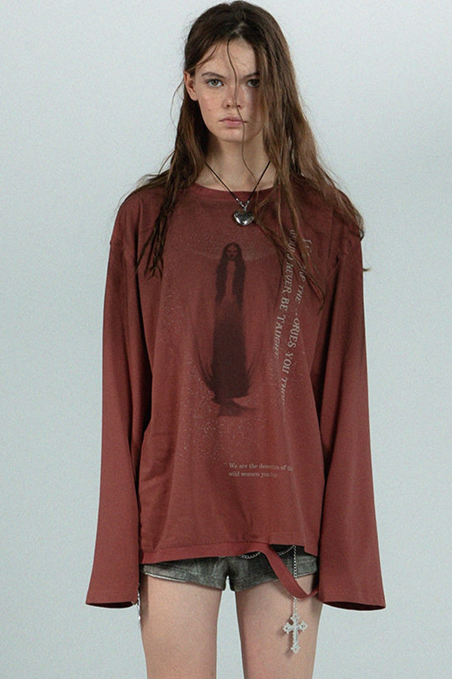 Distressed Print Long-Sleeve Blouse