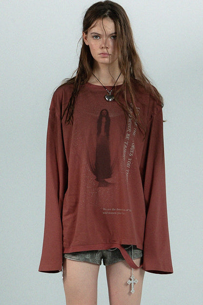 Distressed Print Long-Sleeve Blouse
