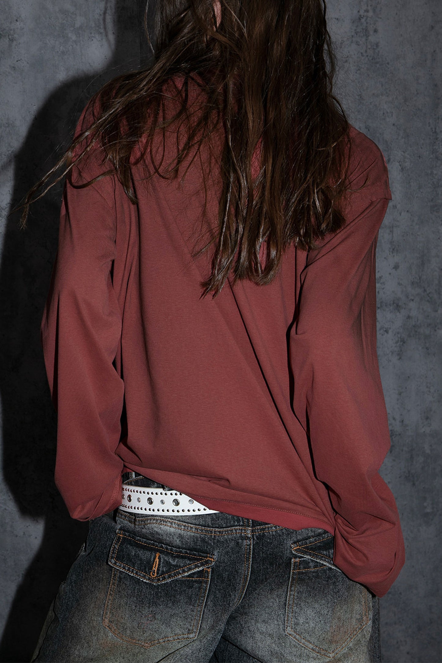 Distressed Print Long-Sleeve Blouse