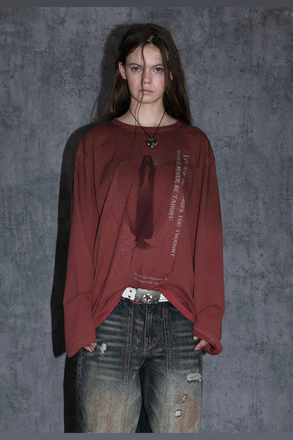 Distressed Print Long-Sleeve Blouse