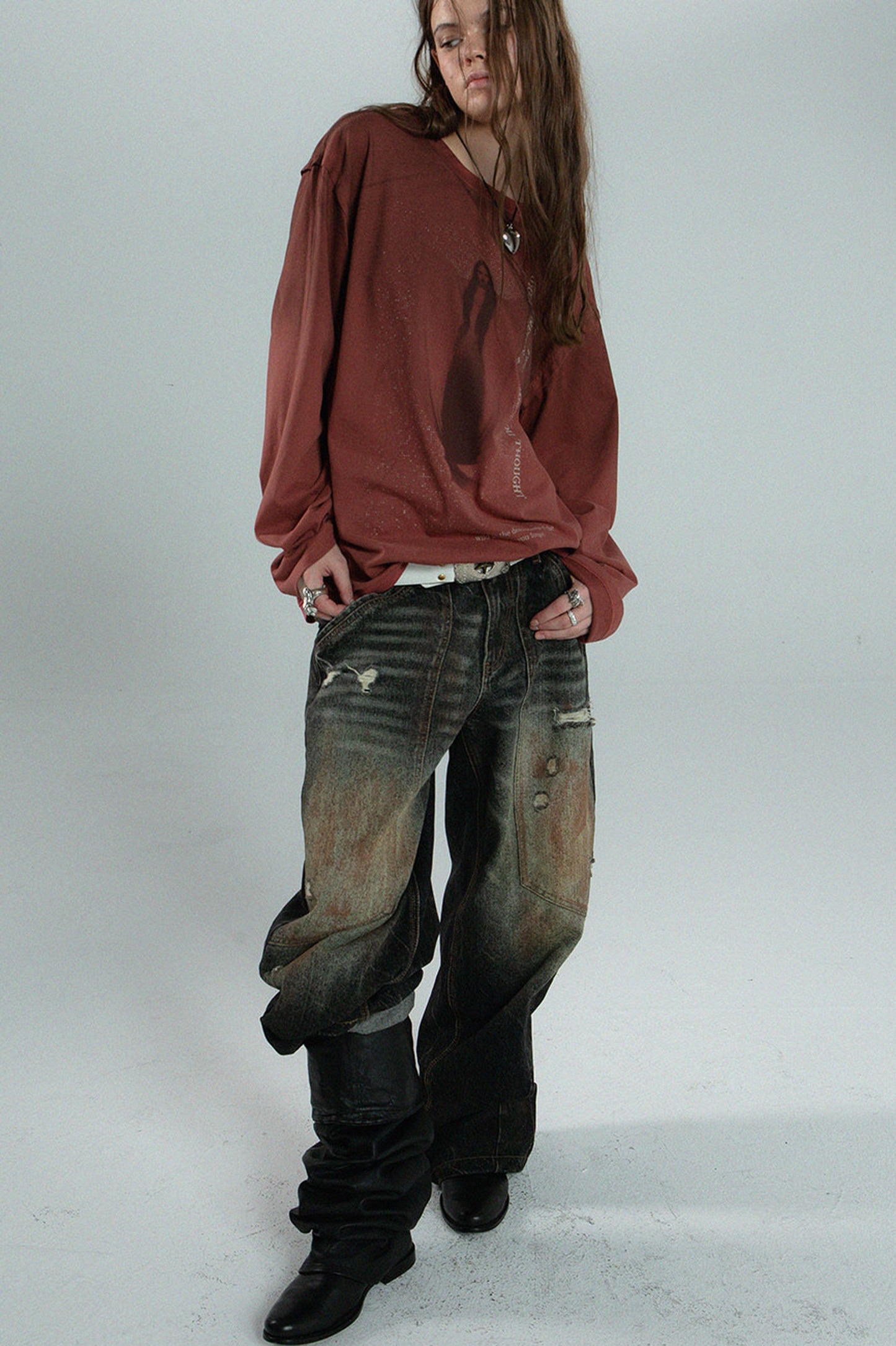 Distressed Print Long-Sleeve Blouse