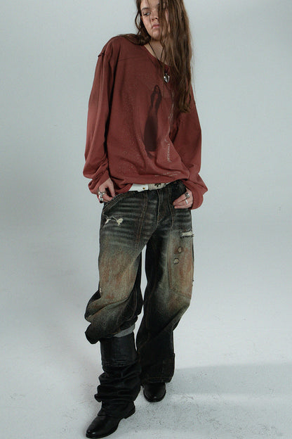 Distressed Print Long-Sleeve Blouse