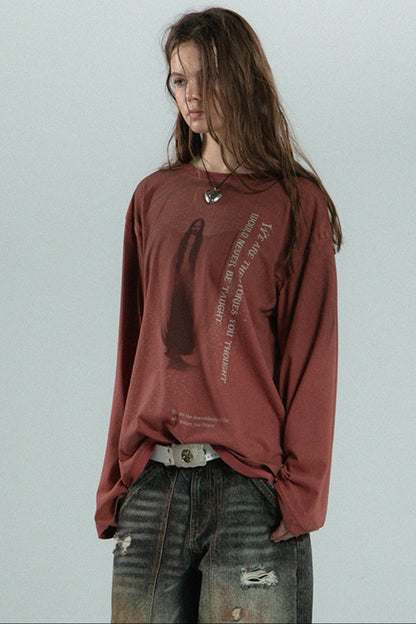 Distressed Print Long-Sleeve Blouse