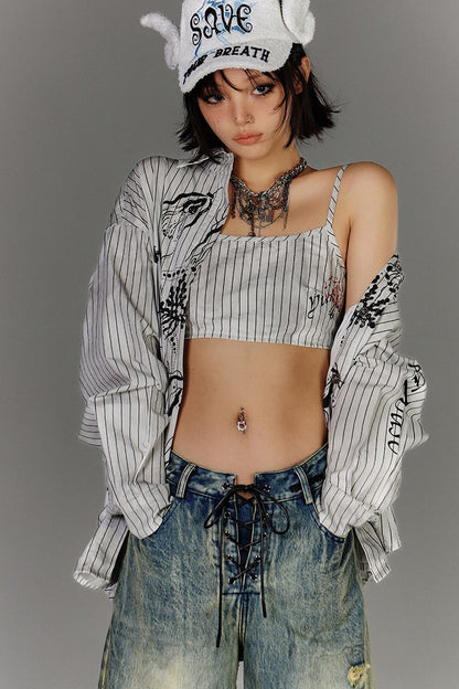 Loose Striped Shirt and Cami Set-Up