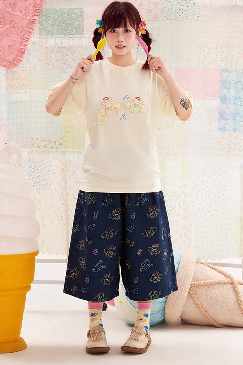 動物天使刺繡棉質T恤