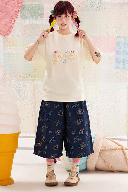 動物天使刺繡棉質T恤