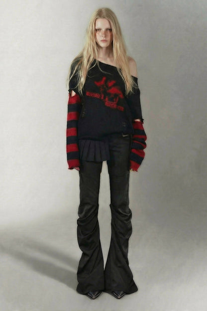 Red Black Batwing Detachable Sleeve Sweater