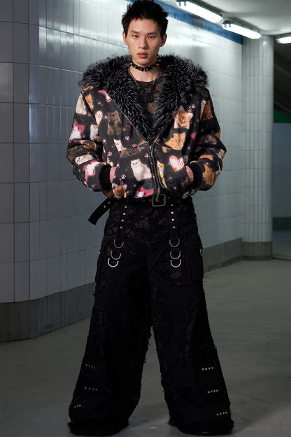 Cat Print Reversible Fur Coat