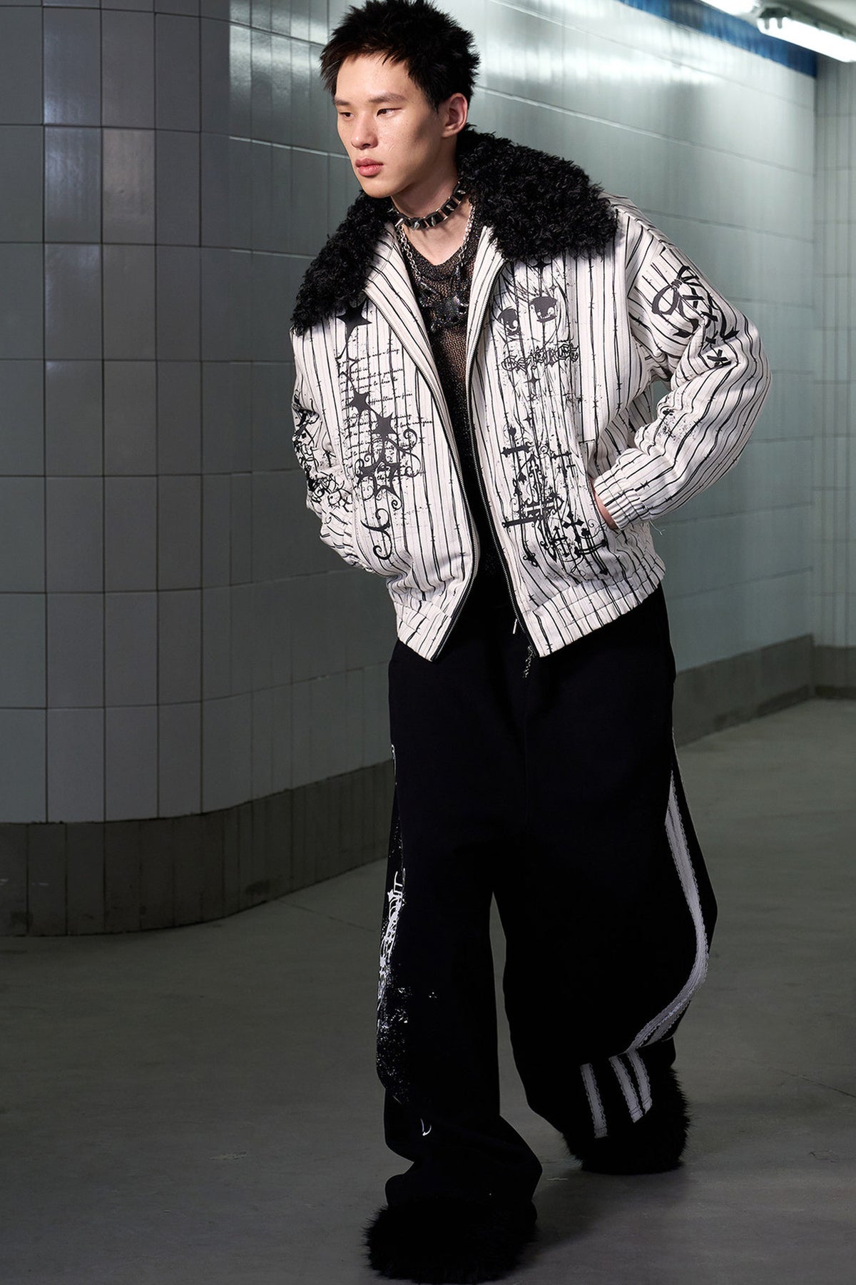 Detachable Fur Collar Thorn Stripe Jacket