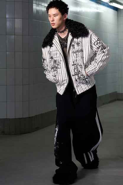 Detachable Fur Collar Thorn Stripe Jacket