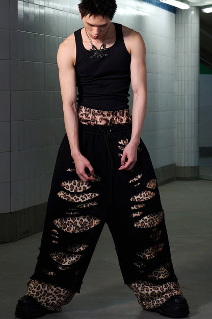 Leopard Print Ripped Double-Layer Sweatpants