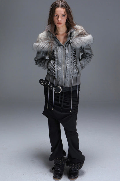 Lace-Up Fur Shawl Parka Jacket