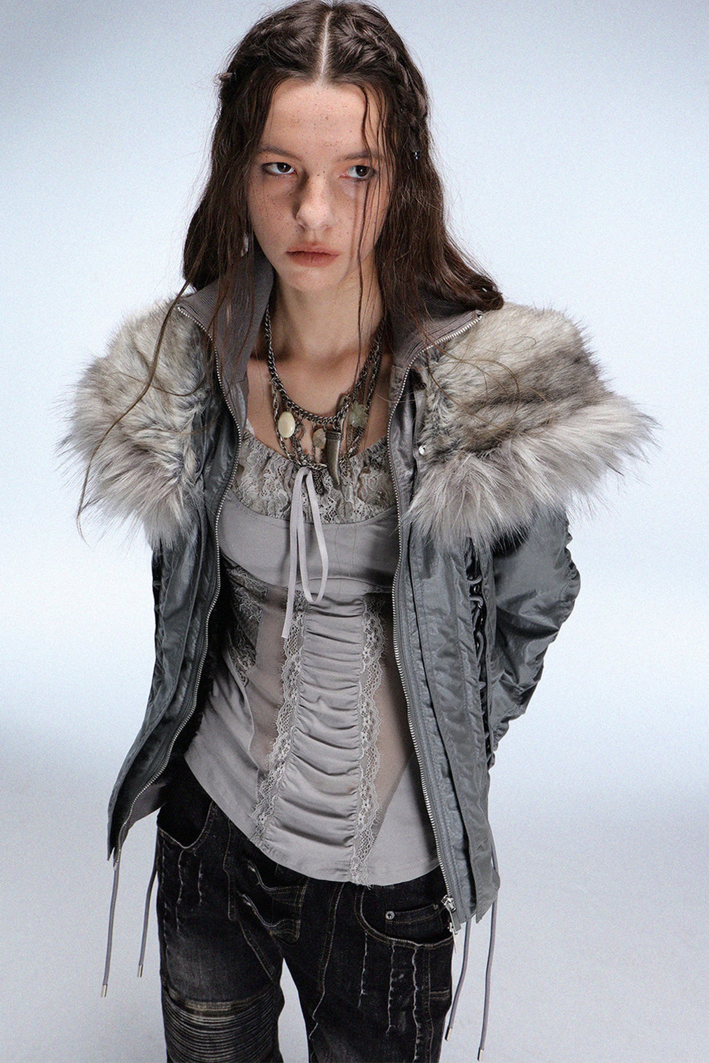Lace-Up Fur Shawl Parka Jacket