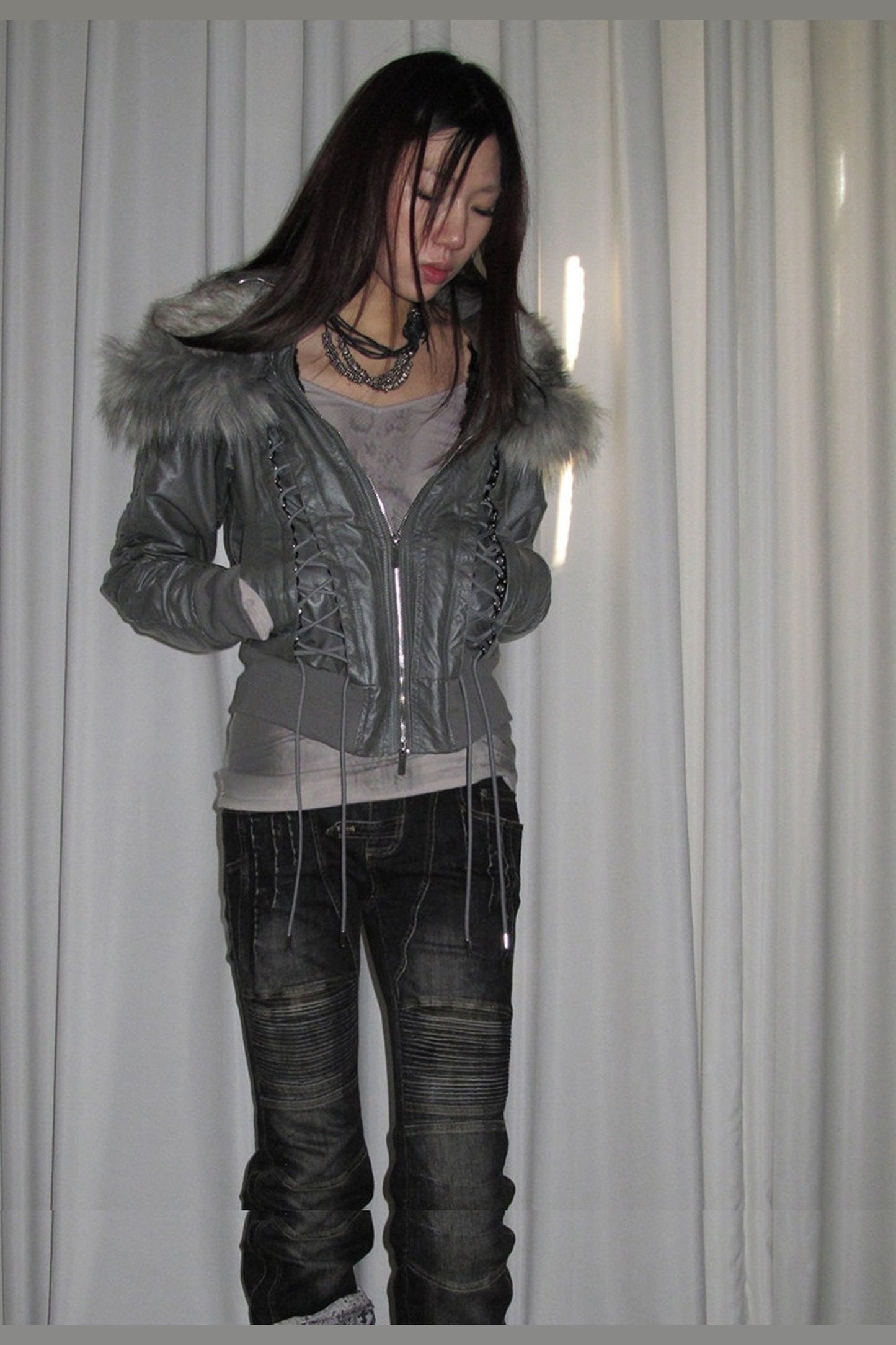 Lace-Up Fur Shawl Parka Jacket