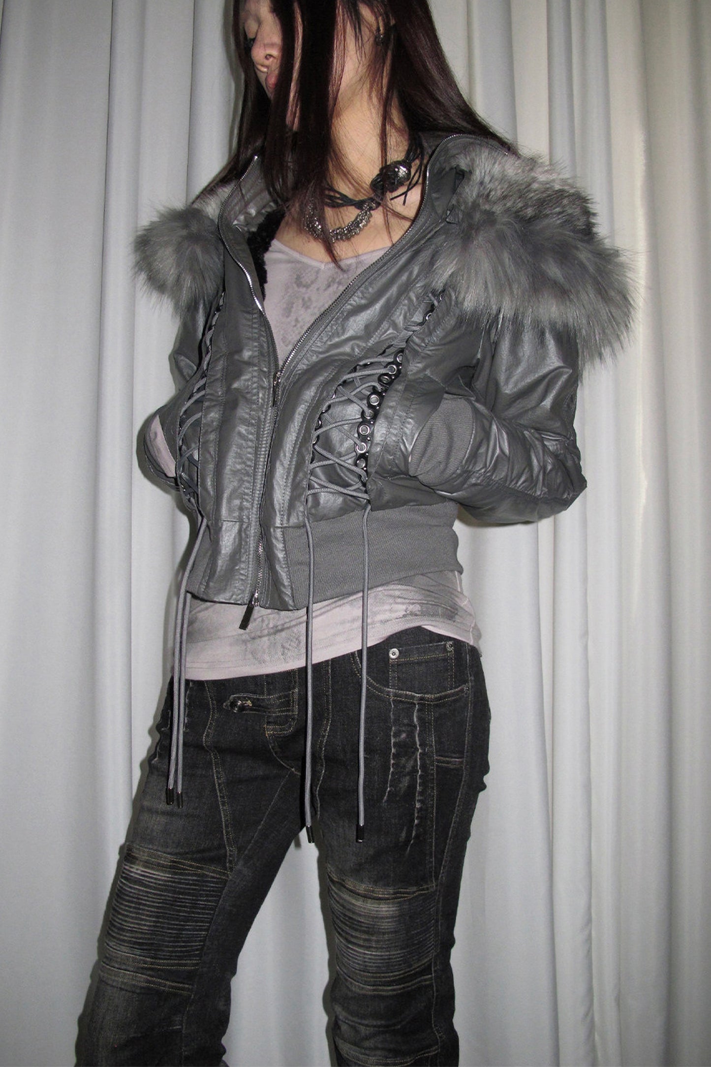 Lace-Up Fur Shawl Parka Jacket