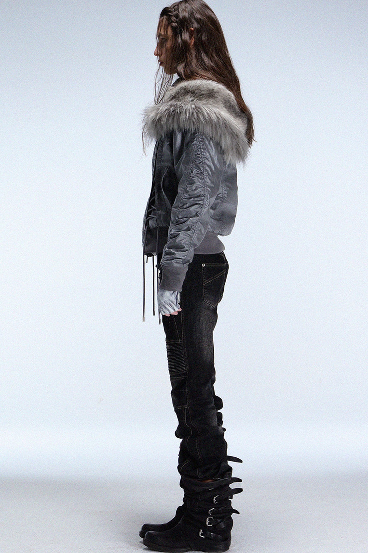Lace-Up Fur Shawl Parka Jacket