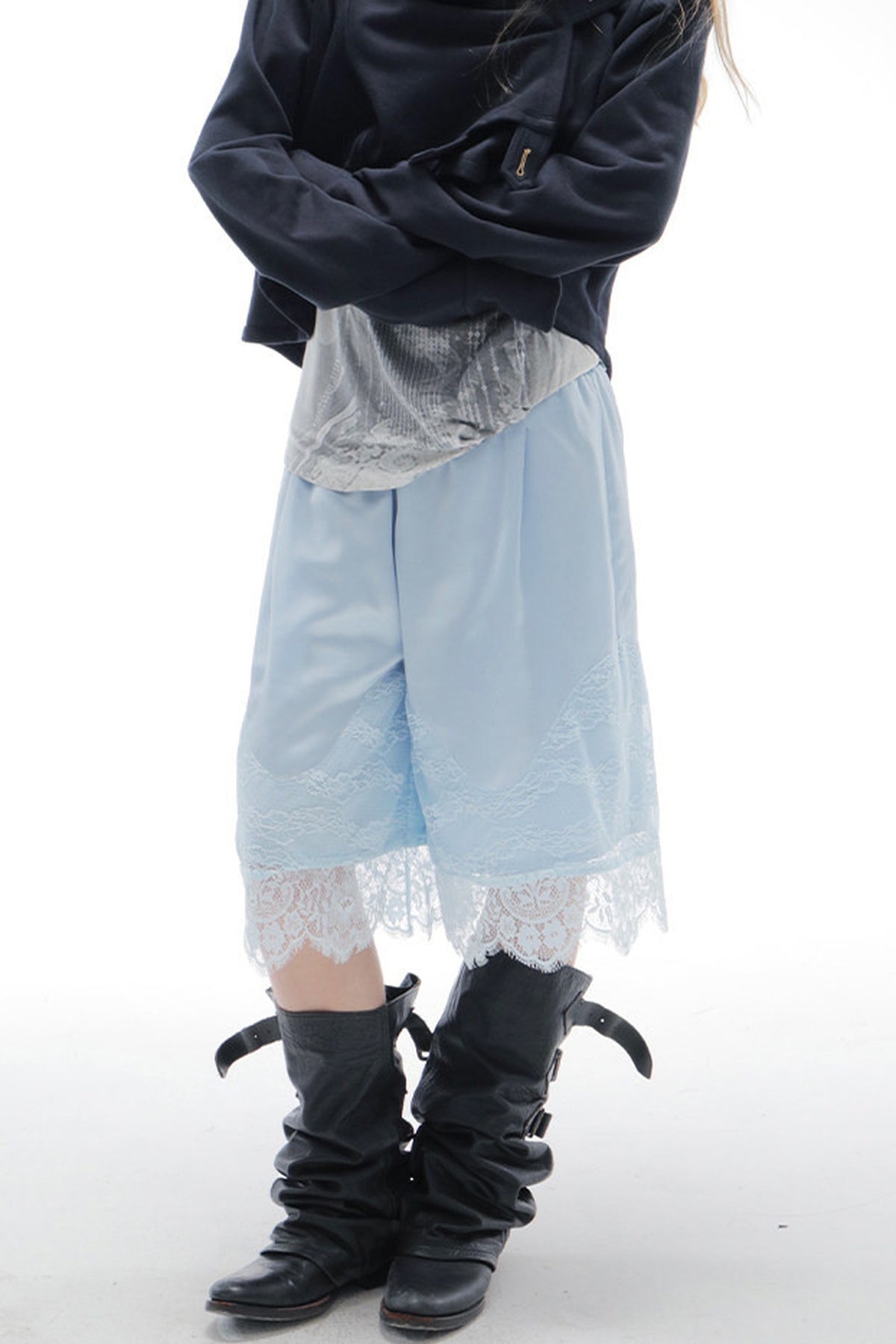 Satin Elastic Waist Lace Splicing Shorts
