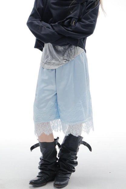 Satin Elastic Waist Lace Splicing Shorts
