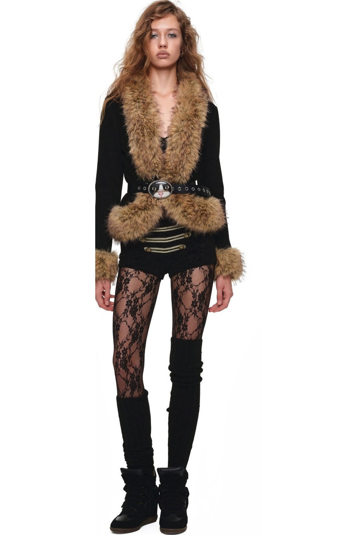 Large Fur Collar Leather Buckle Short Jacket
