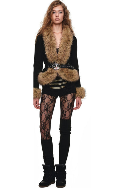 Large Fur Collar Leather Buckle Short Jacket