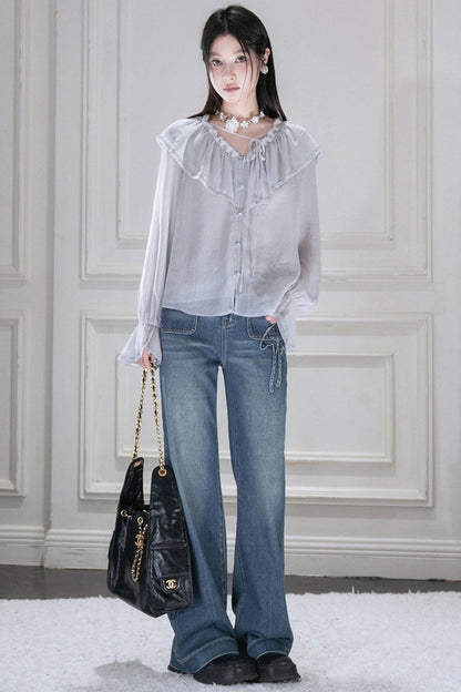 Cloud Wave Collar Chiffon Blouse Set